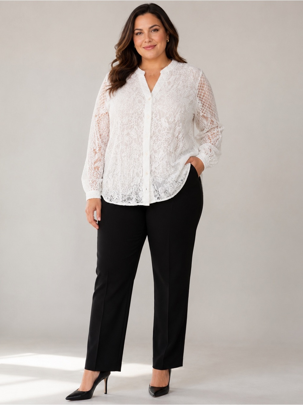 Soft Surroundings Button Front Lace/Embroidered Fiori Blouse in ivory pearl